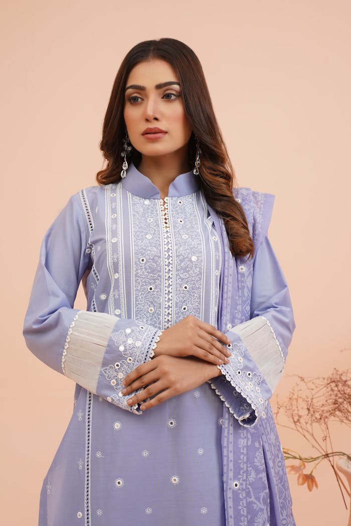 Portrait of a woman in traditional Pakistani attire with intricate embroidery, showcasing elegance.